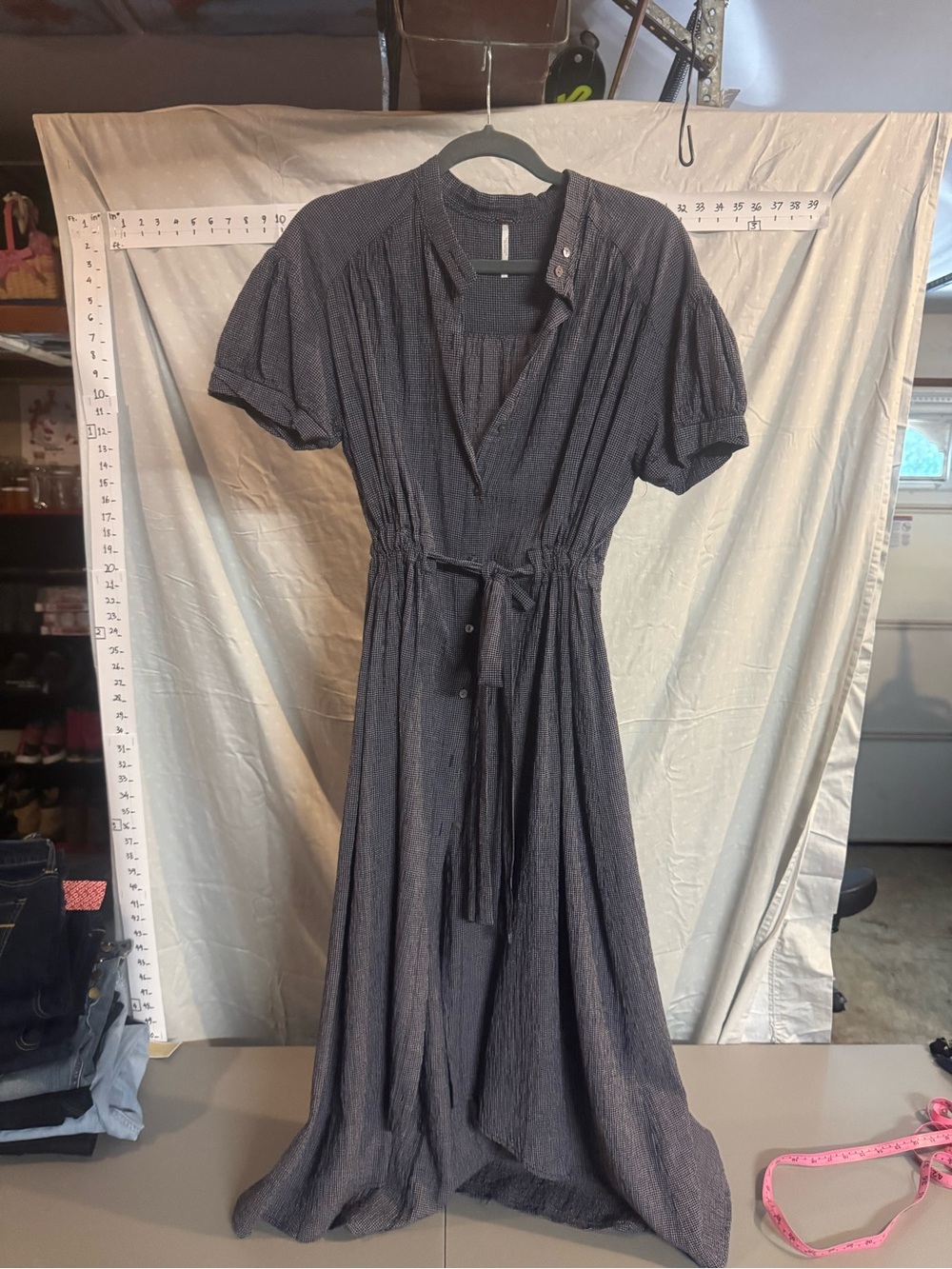 Free People Black Textured Button-Front Maxi Dress with Tie Waist